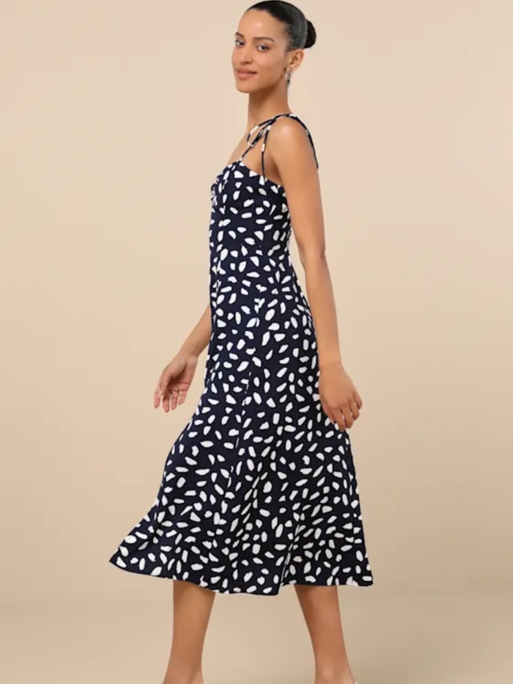 Lulus Party In Paris Navy Blue Print Tie-strap Midi Dress - Size M - Picture 2 of 9